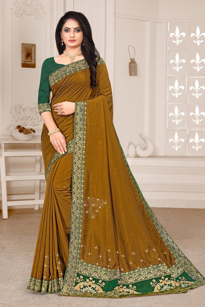 Art Silk Fabric Party Wear Mustard Color Embroidered Saree