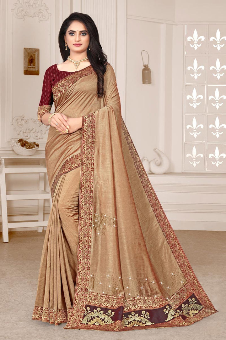Light Brown Color Wedding Wear Art Silk Fabric Embroidered Saree