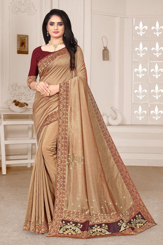 Light Brown Color Wedding Wear Art Silk Fabric Embroidered Saree