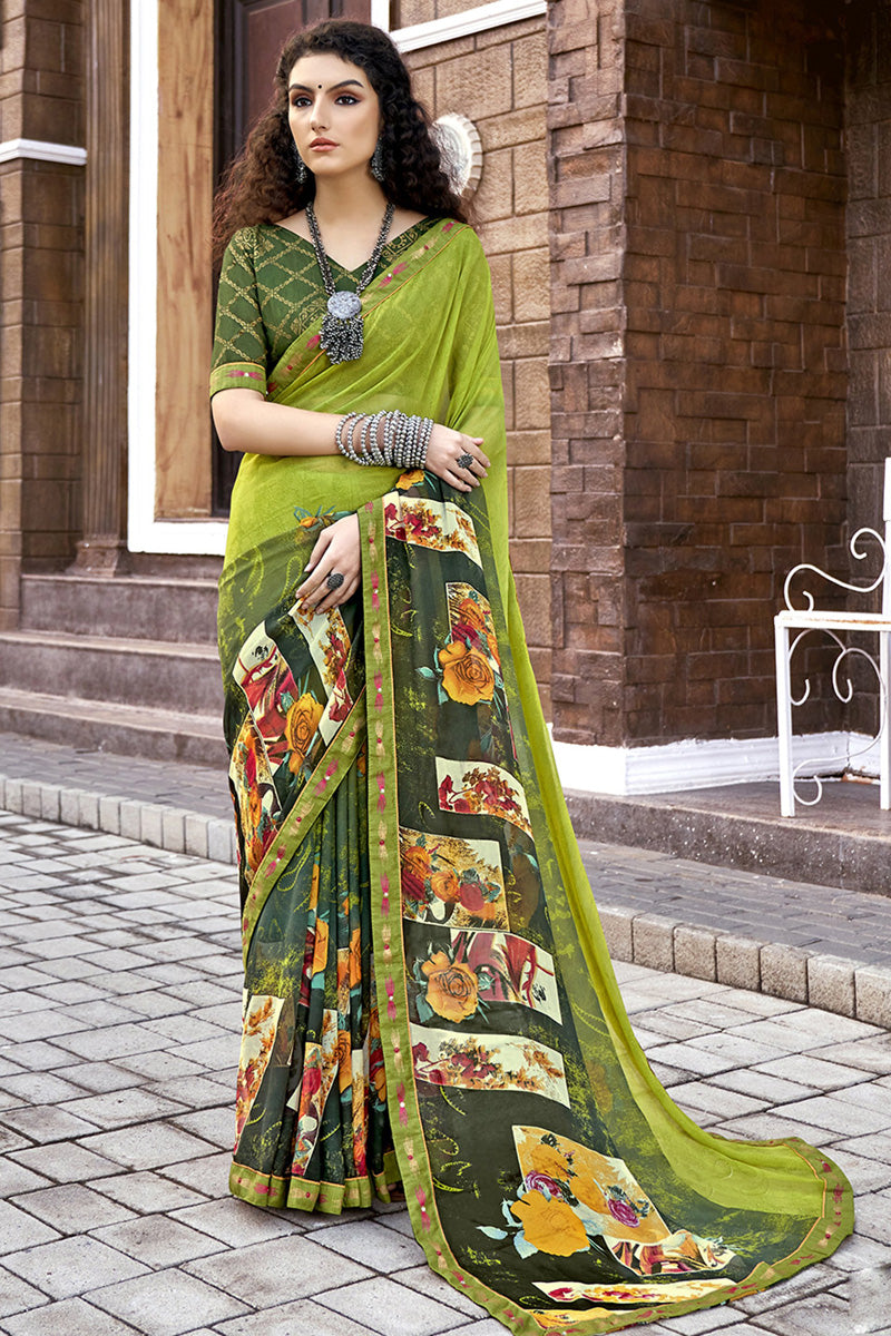 Green Georgette Printed Saree with Unstiched Blouse