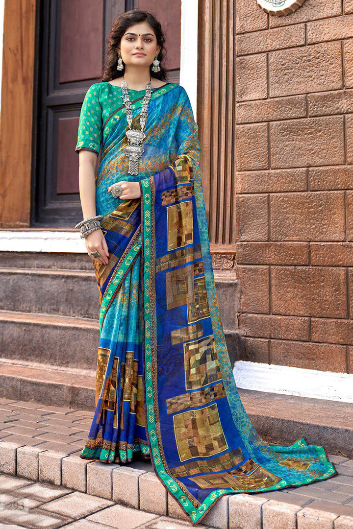 Blue Georgette Printed Saree with Unstiched Blouse