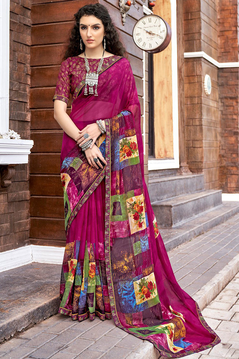 Magenta Georgette Printed Saree with Unstiched Blouse