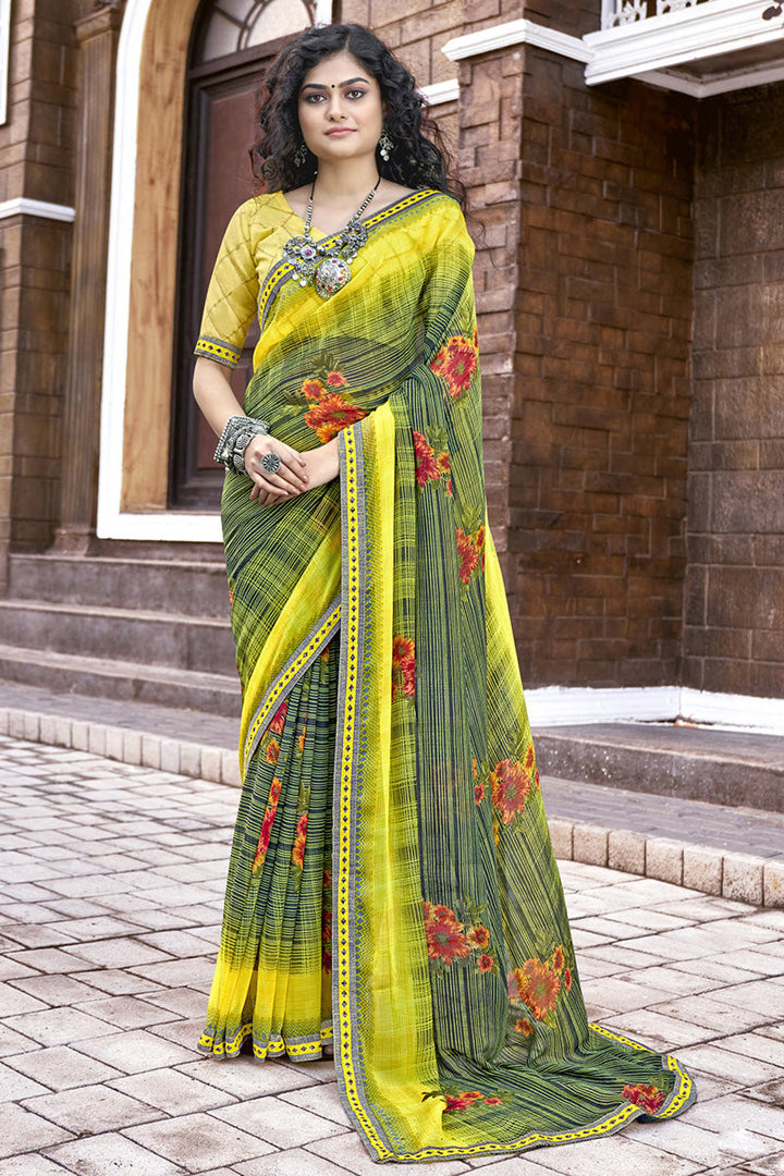 Yellow And Green Georgette Printed Saree with Unstiched Blouse