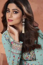 Load image into Gallery viewer, Georgette Fabric Light Cyan Color Splendid Shamita Shetty Anarkali Suit
