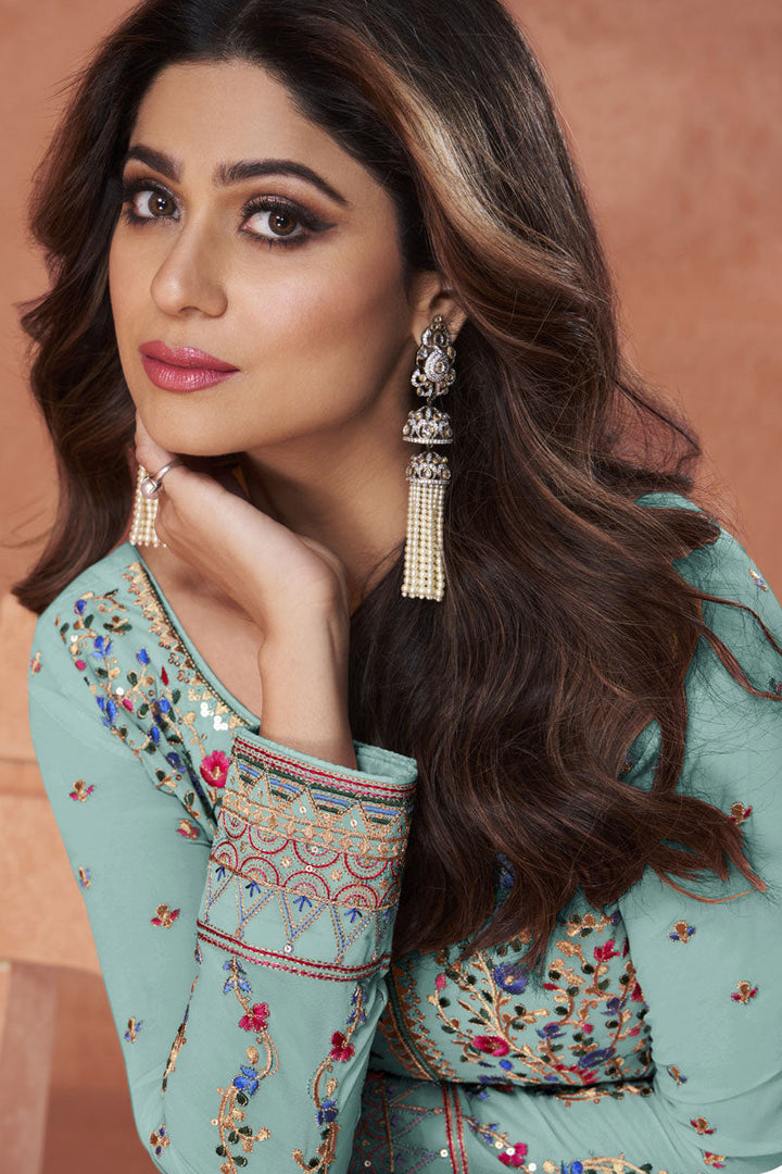 Georgette Fabric Light Cyan Color Splendid Shamita Shetty Anarkali Suit