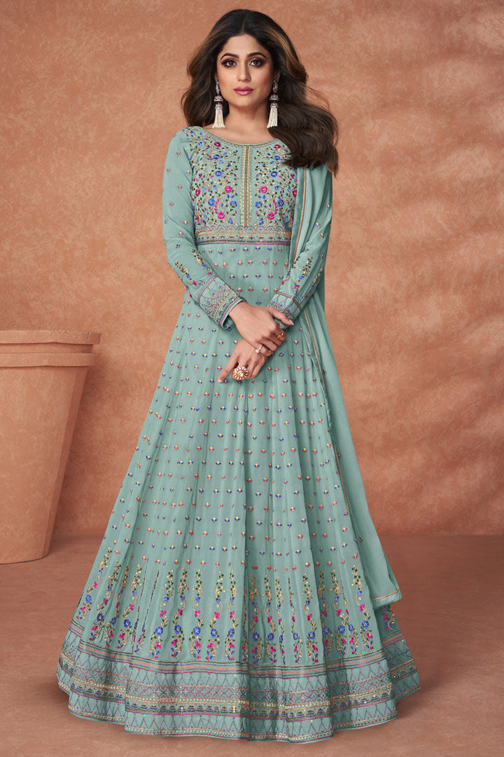 Georgette Fabric Light Cyan Color Splendid Shamita Shetty Anarkali Suit