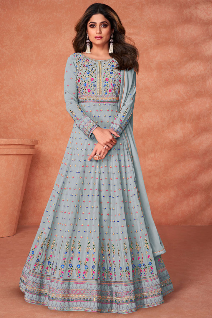 Grey Color Exclusive Shamita Shetty Anarkali Suit In Georgette Fabric
