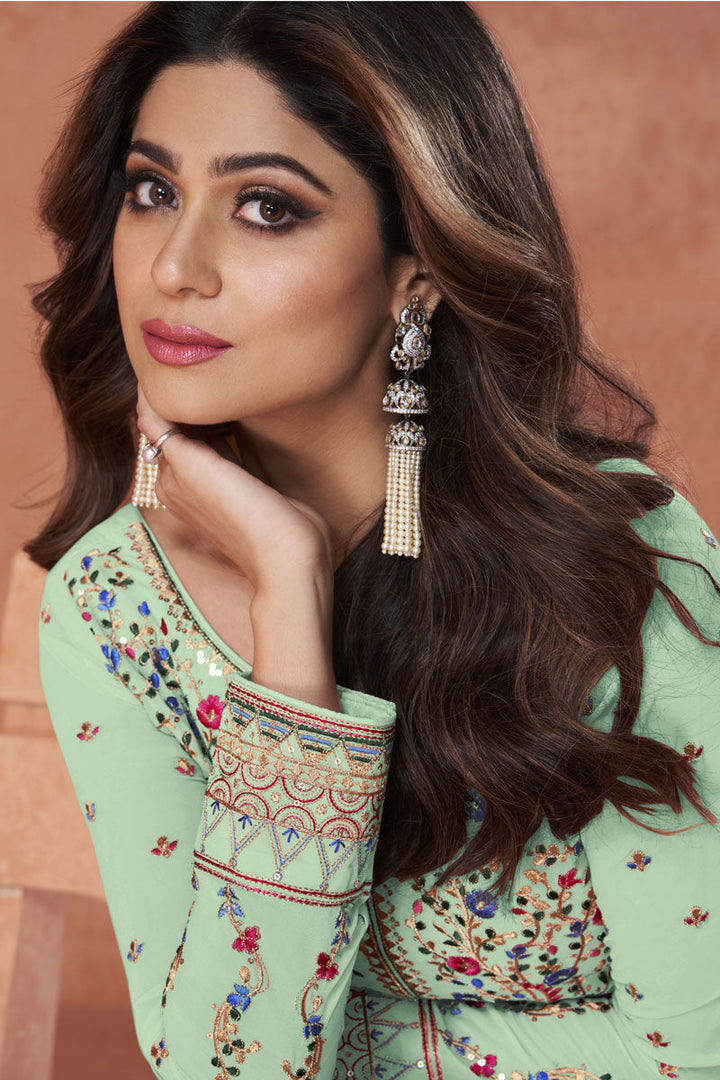 Appealing Sea Green Color Shamita Shetty Anarkali Suit In Georgette Fabric