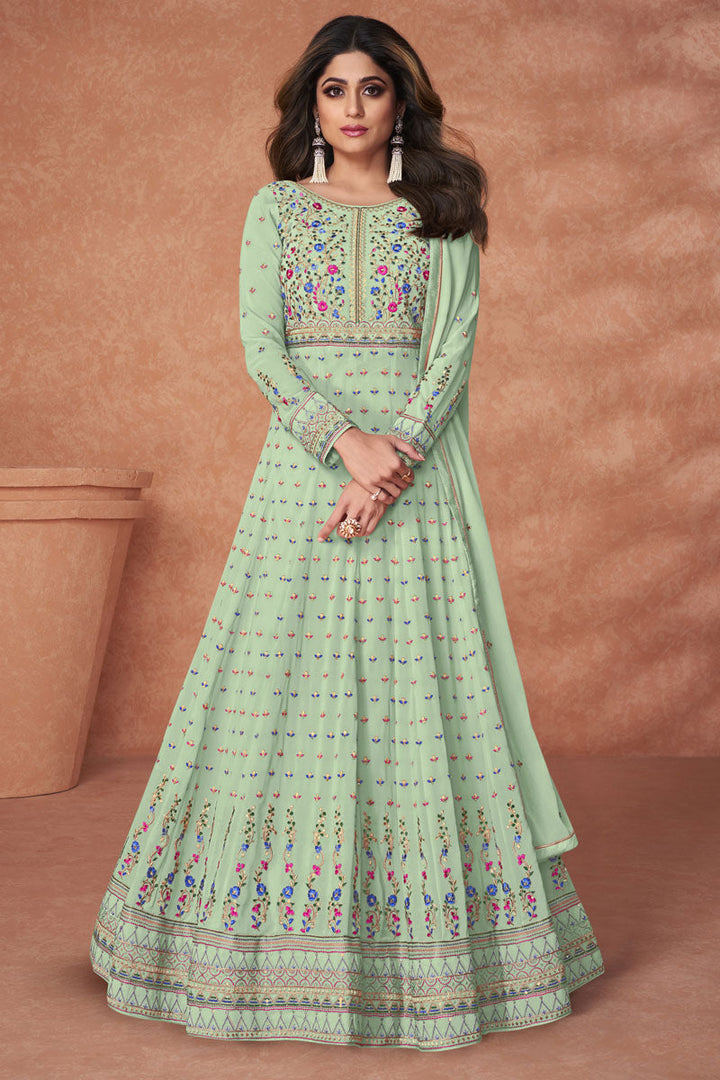 Appealing Sea Green Color Shamita Shetty Anarkali Suit In Georgette Fabric