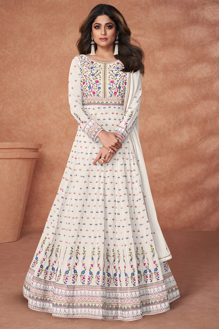 White Color Pleasing Shamita Shetty Anarkali Suit In Georgette Fabric