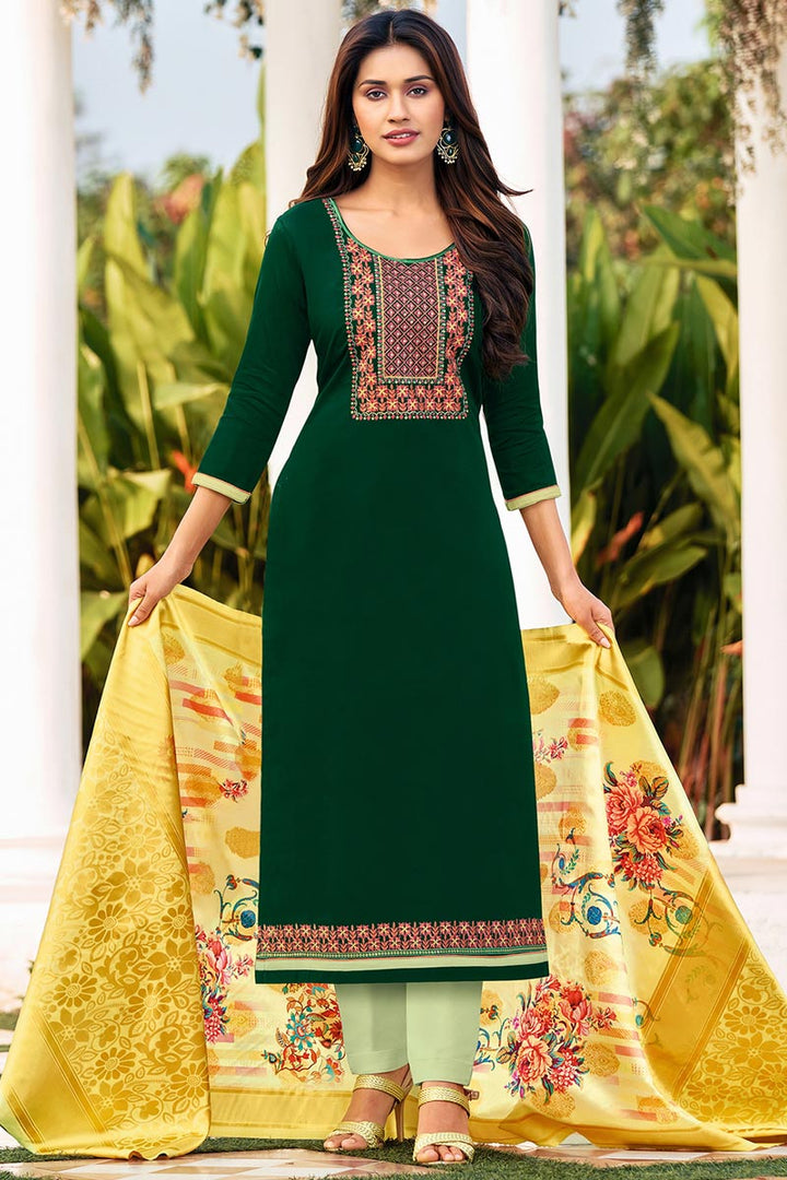 Cotton Fabric Green Color Embroidered Casual Wear Trendy Salwar Suit