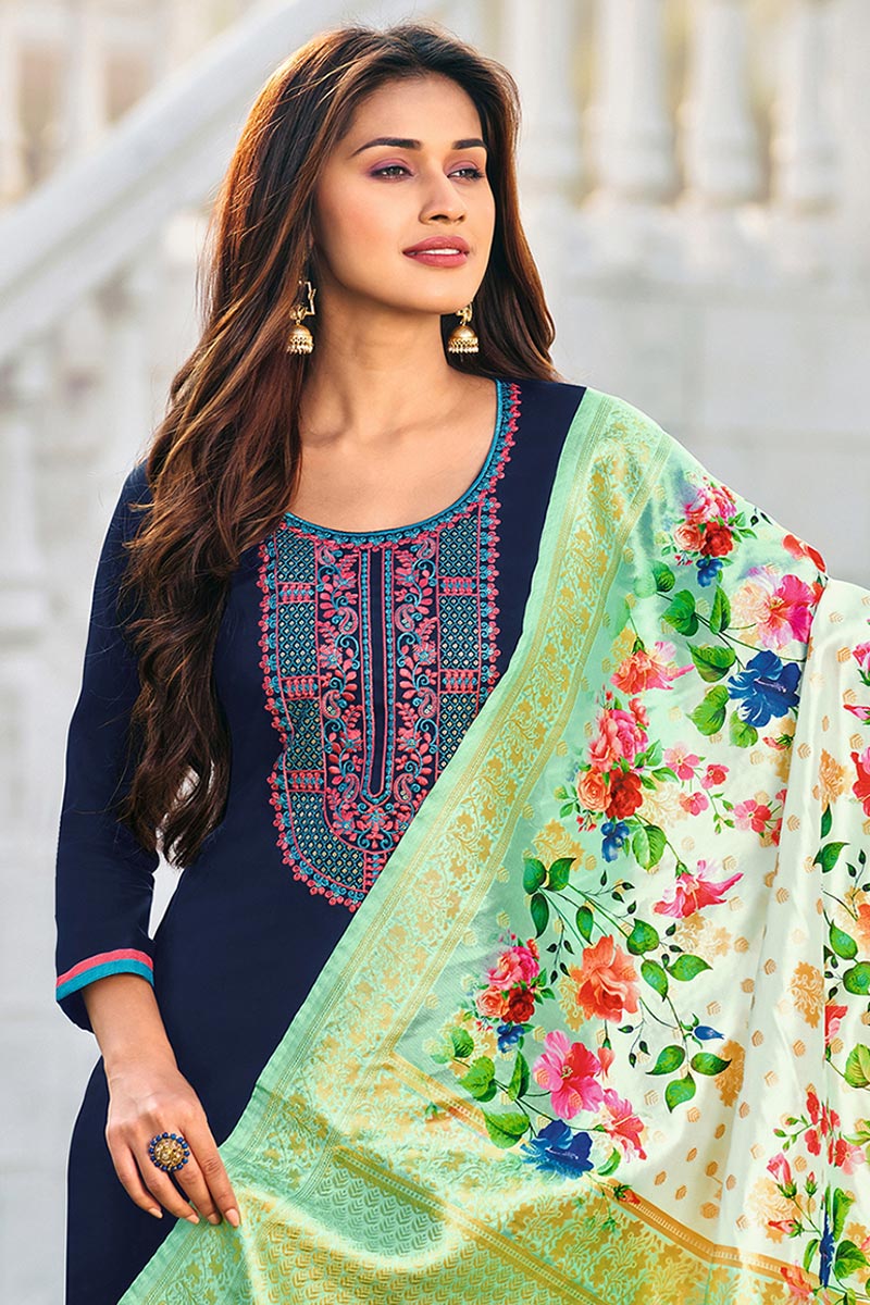 Cotton Fabric Embroidered Daily Wear Fancy Salwar Kameez In Navy Blue Color