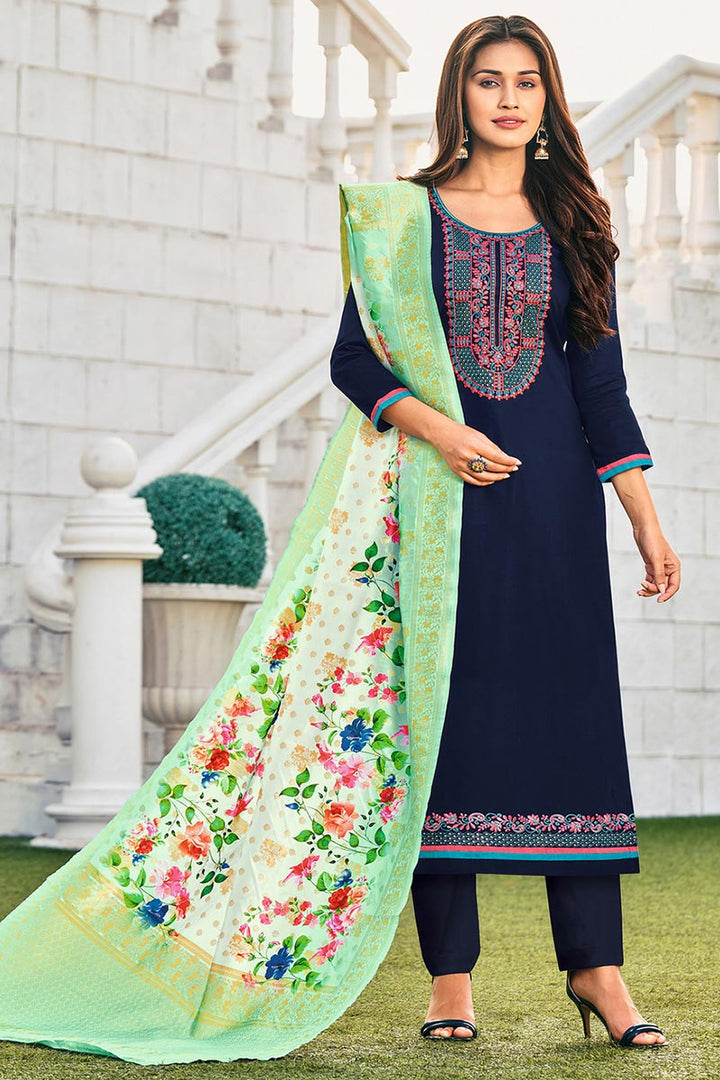 Cotton Fabric Embroidered Daily Wear Fancy Salwar Kameez In Navy Blue Color