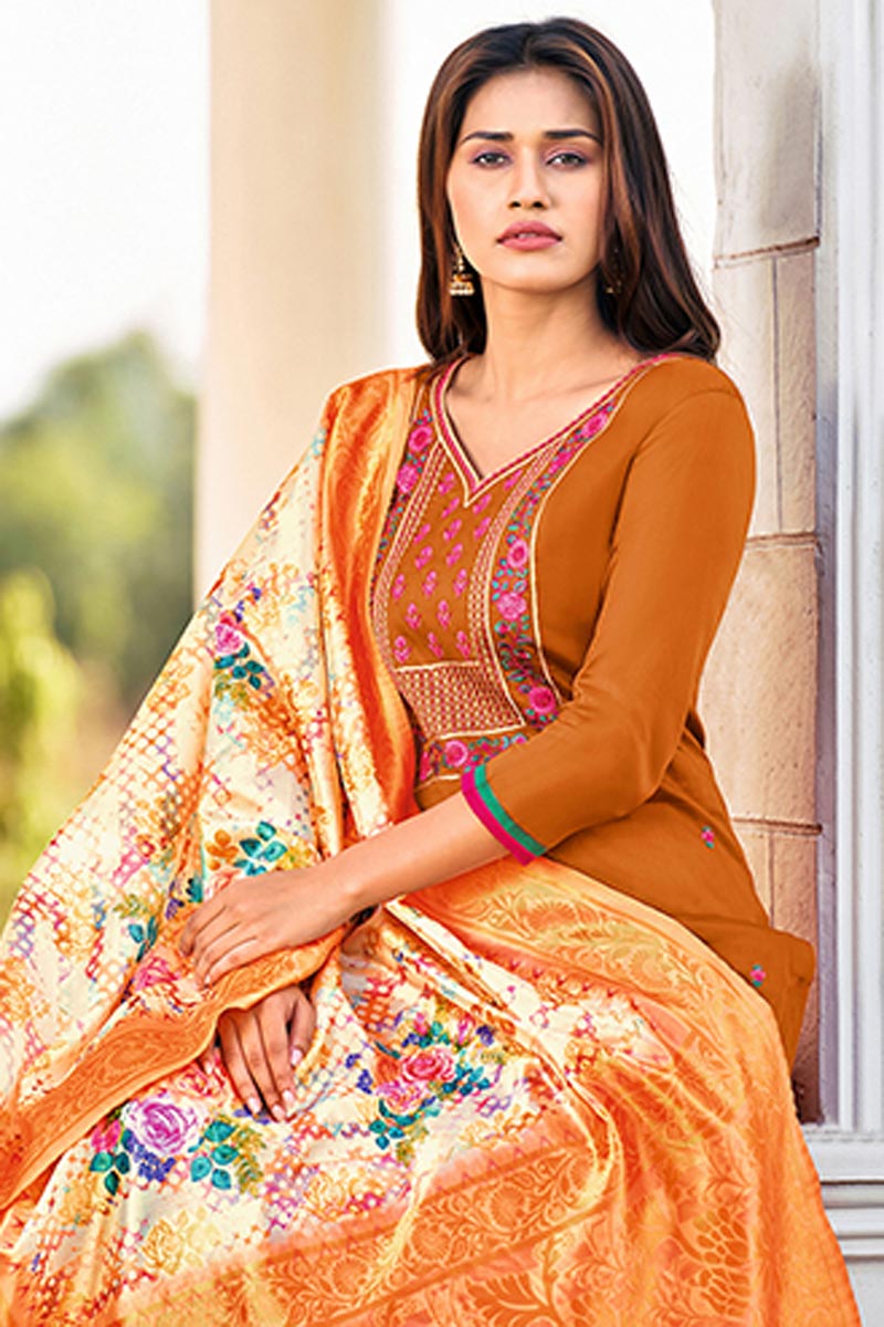 Embroidered Office Wear Salwar Kameez In Rust Color Cotton Fabric
