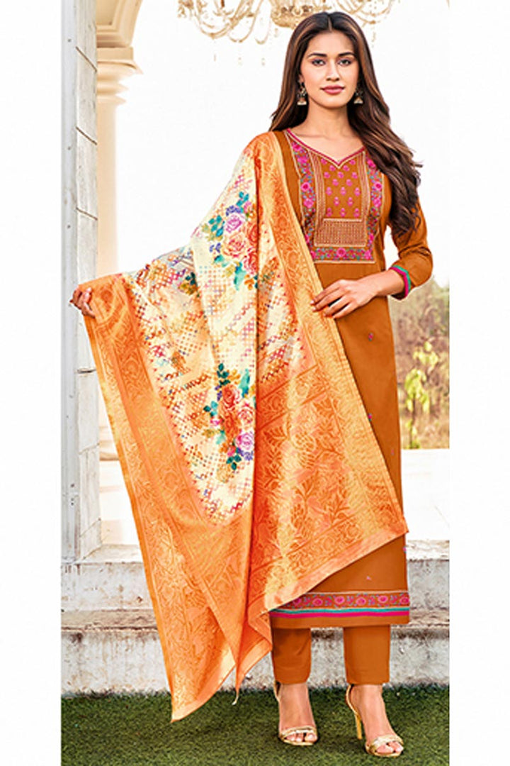 Embroidered Office Wear Salwar Kameez In Rust Color Cotton Fabric