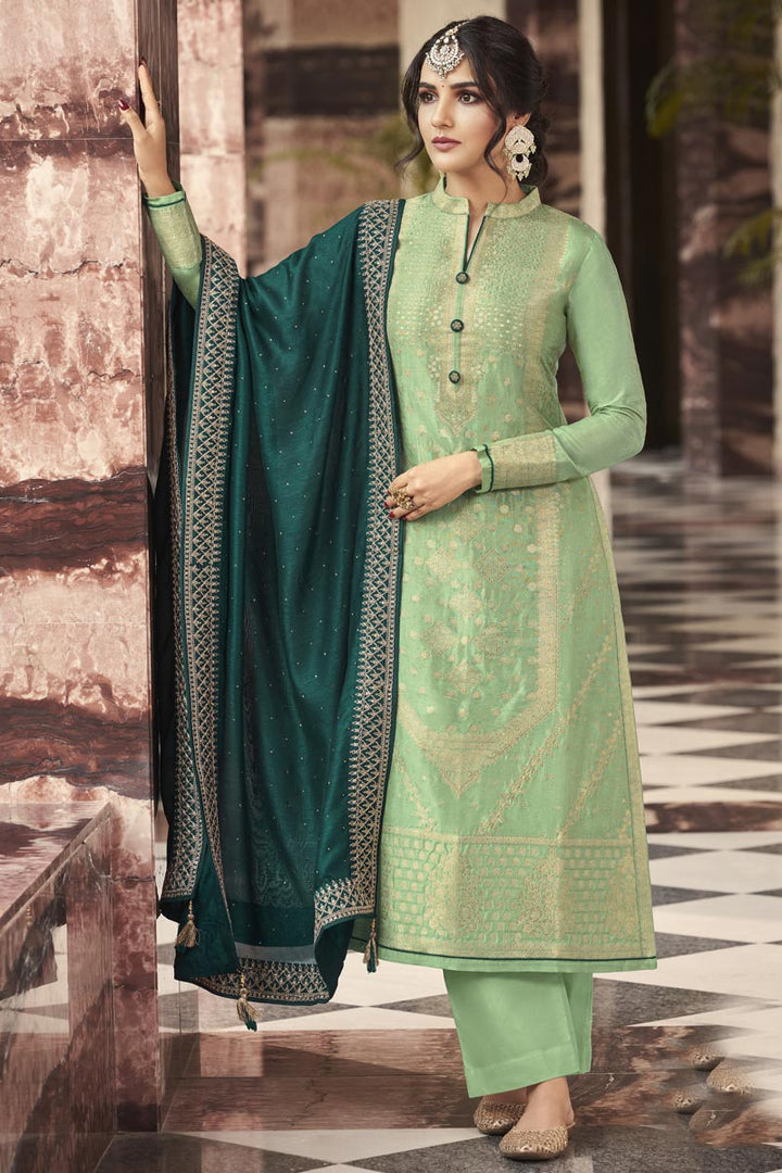 Sea Green Color Art Silk Fabric Trendy Jasmin Bhasins Palazzo Suit