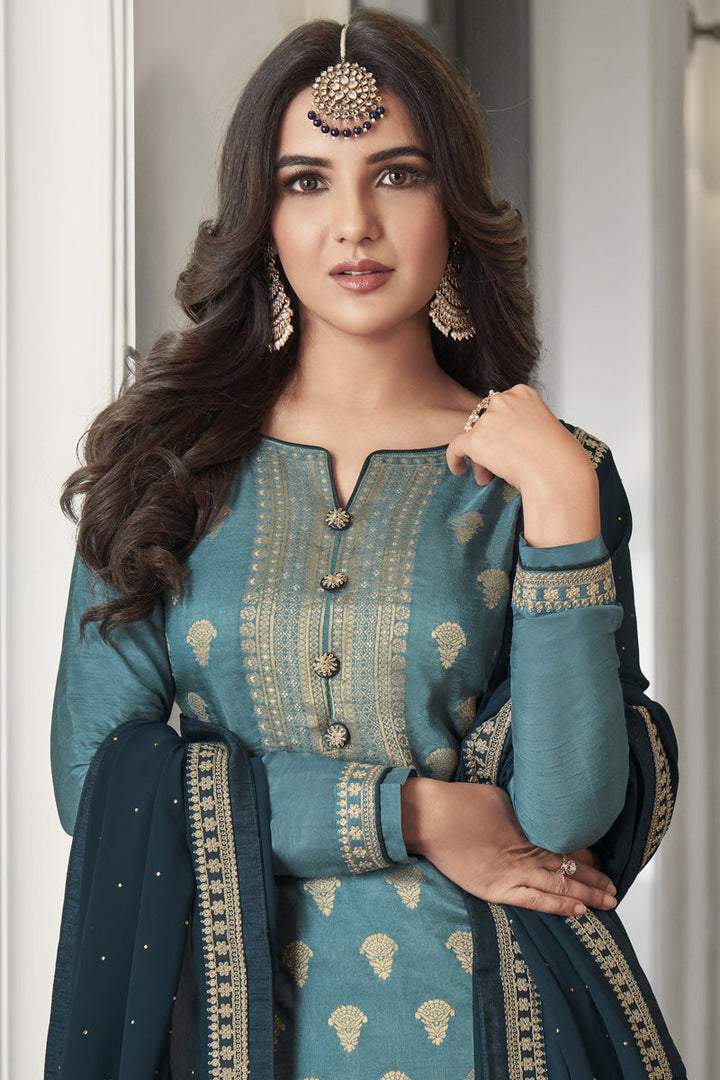 Function Wear Dola Silk Fabric Cyan Color Embroidered Palazzo Suit Featuring Jasmin Bhasin