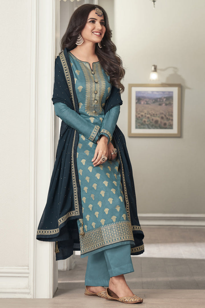 Function Wear Dola Silk Fabric Cyan Color Embroidered Palazzo Suit Featuring Jasmin Bhasin