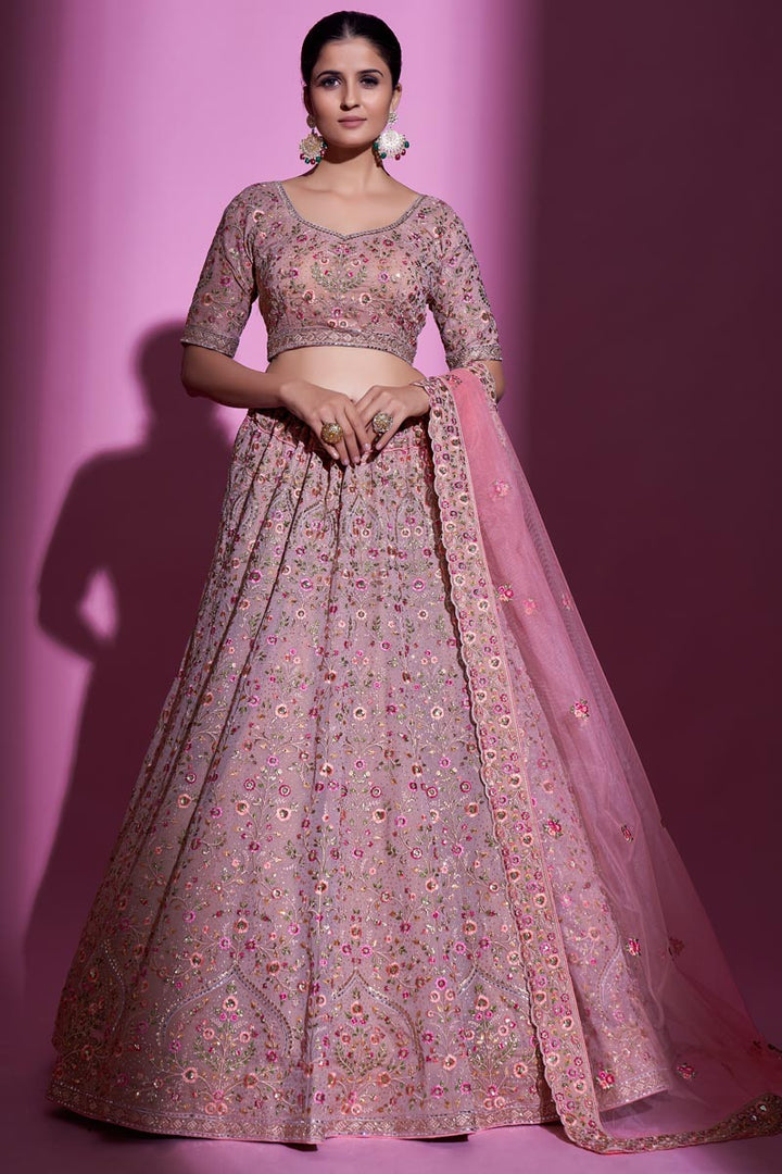 Pink Color Parity Georgette Fabric Wedding Wear Lehenga Choli