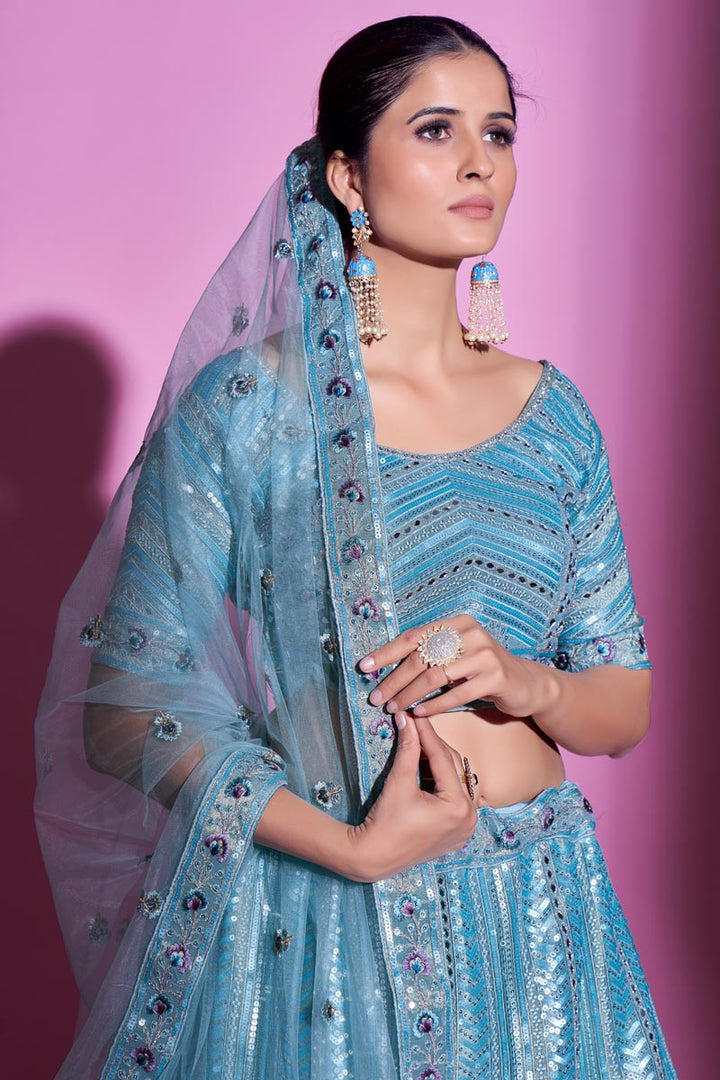 Glittering Cyan Color Art Silk Fabric Wedding Wear Lehenga Choli