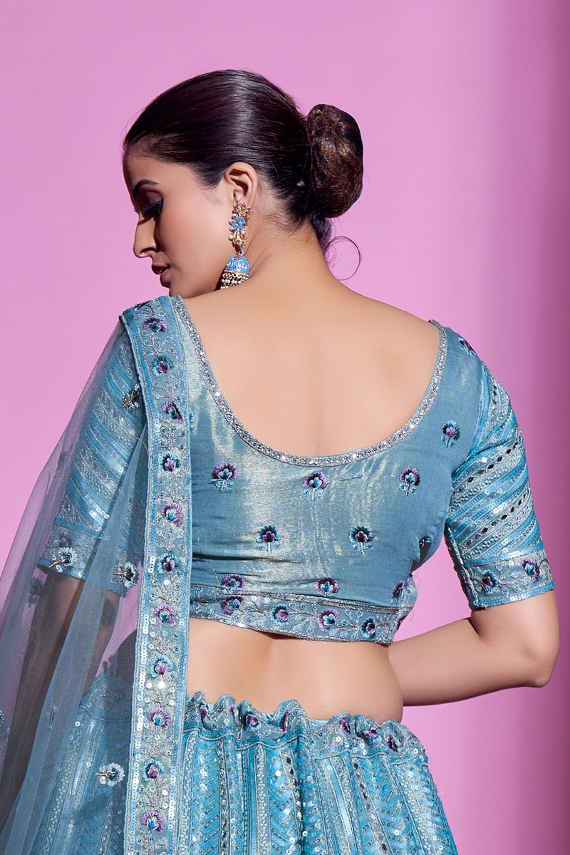 Glittering Cyan Color Art Silk Fabric Wedding Wear Lehenga Choli