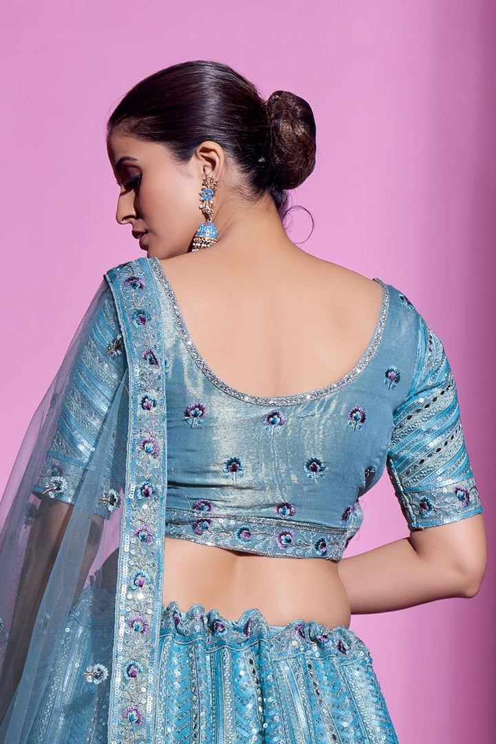 Glittering Cyan Color Art Silk Fabric Wedding Wear Lehenga Choli