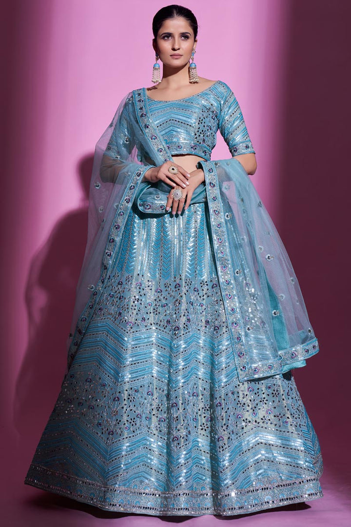 Glittering Cyan Color Art Silk Fabric Wedding Wear Lehenga Choli