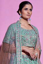 Load image into Gallery viewer, Sky Blue Color Inventive Art Silk Fabric Lehenga Choli In Wedding Wear

