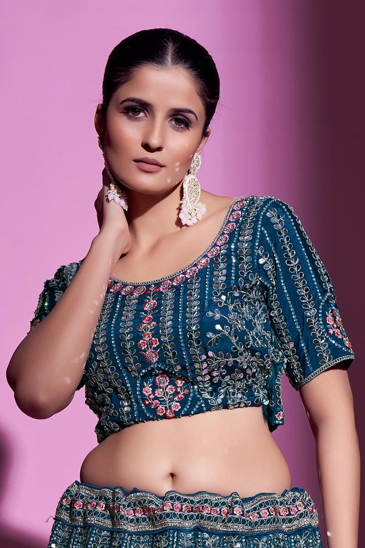 Beautiful Teal Color Crepe Fabric Wedding Wear Lehenga Choli