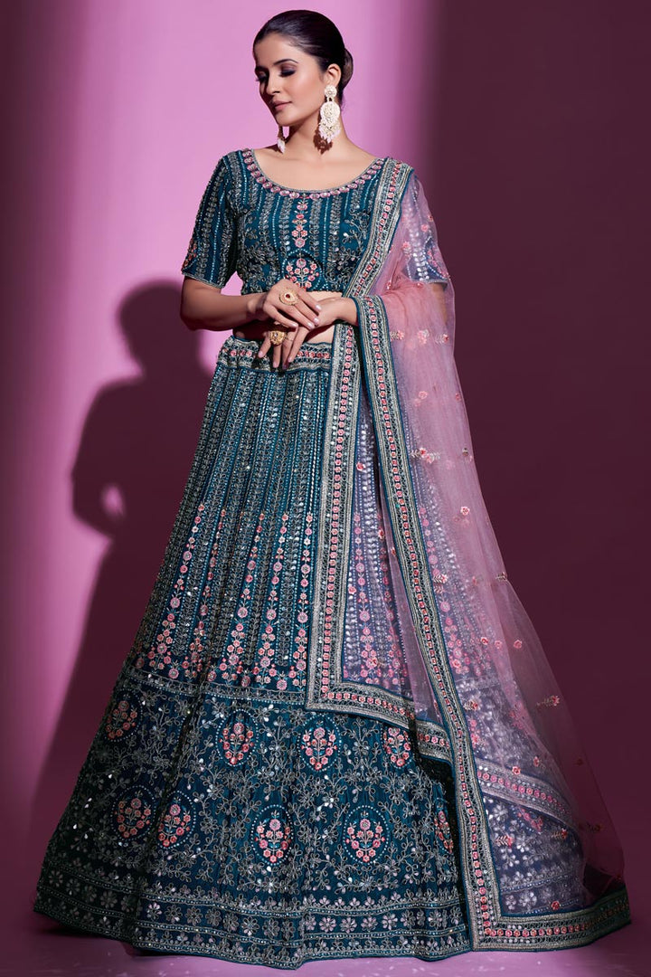 Beautiful Teal Color Crepe Fabric Wedding Wear Lehenga Choli