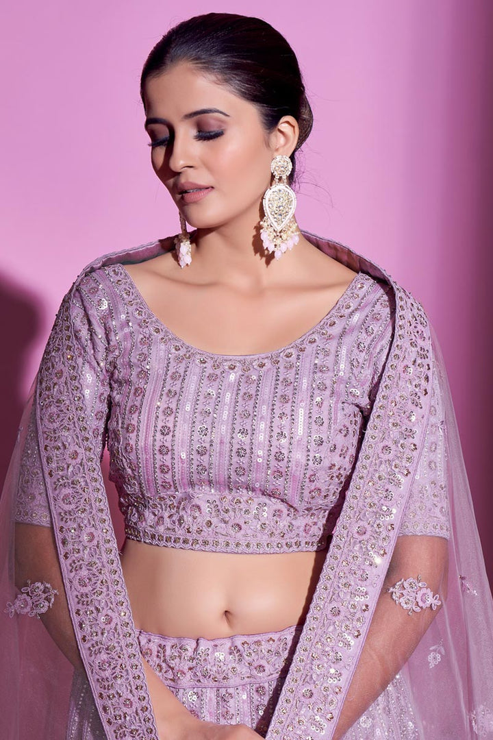 Elegant Net Fabric Wedding Wear Lehenga Choli in Lavender Color