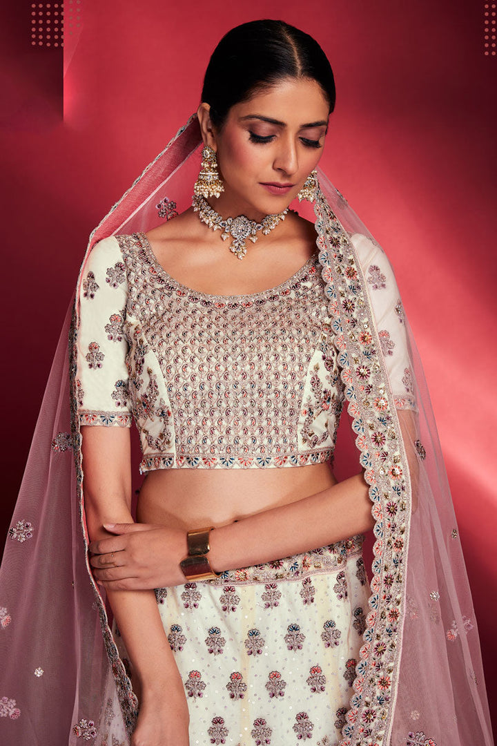 White Silk Sequins Work Lehenga Choli