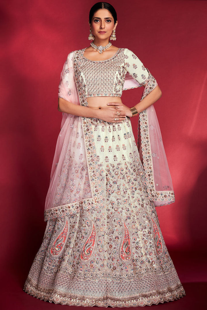 White Silk Sequins Work Lehenga Choli