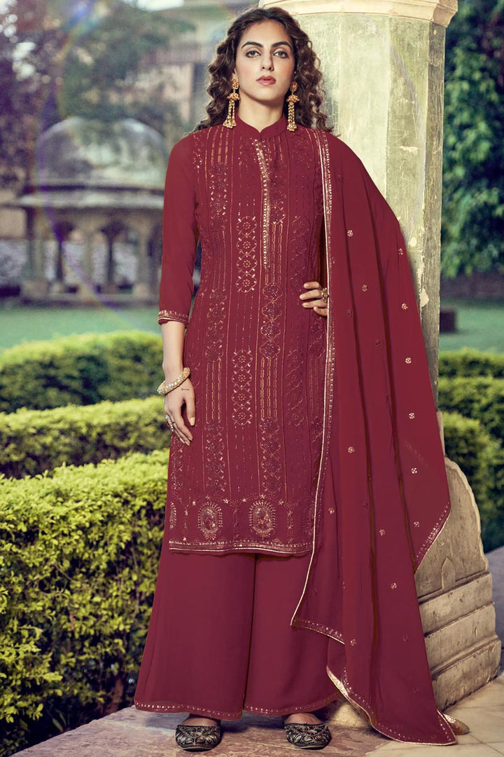 Georgette Fabric Maroon Embroidered Festive Wear Palazzo Suit