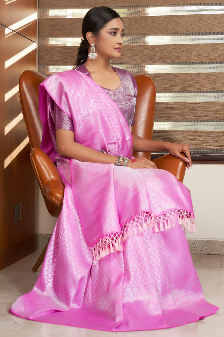 Embellished Weaving Work On Pink Kanjivaram Silk Saree