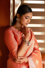 Load image into Gallery viewer, Tempting Kanjivaram Silk Peach Saree With Weaving Work
