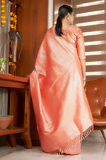 Load image into Gallery viewer, Tempting Kanjivaram Silk Peach Saree With Weaving Work
