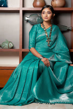 Load image into Gallery viewer, Kanjivaram Silk Teal Saree With Winsome Weaving Work
