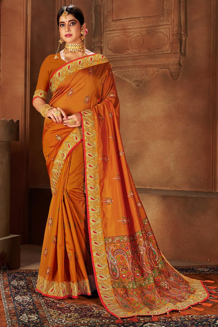 Party Wear Trendy Art Silk Fabric Border Work Saree In Orange Color