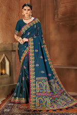 Load image into Gallery viewer, Teal Color Puja Wear Trendy Border Work Saree
