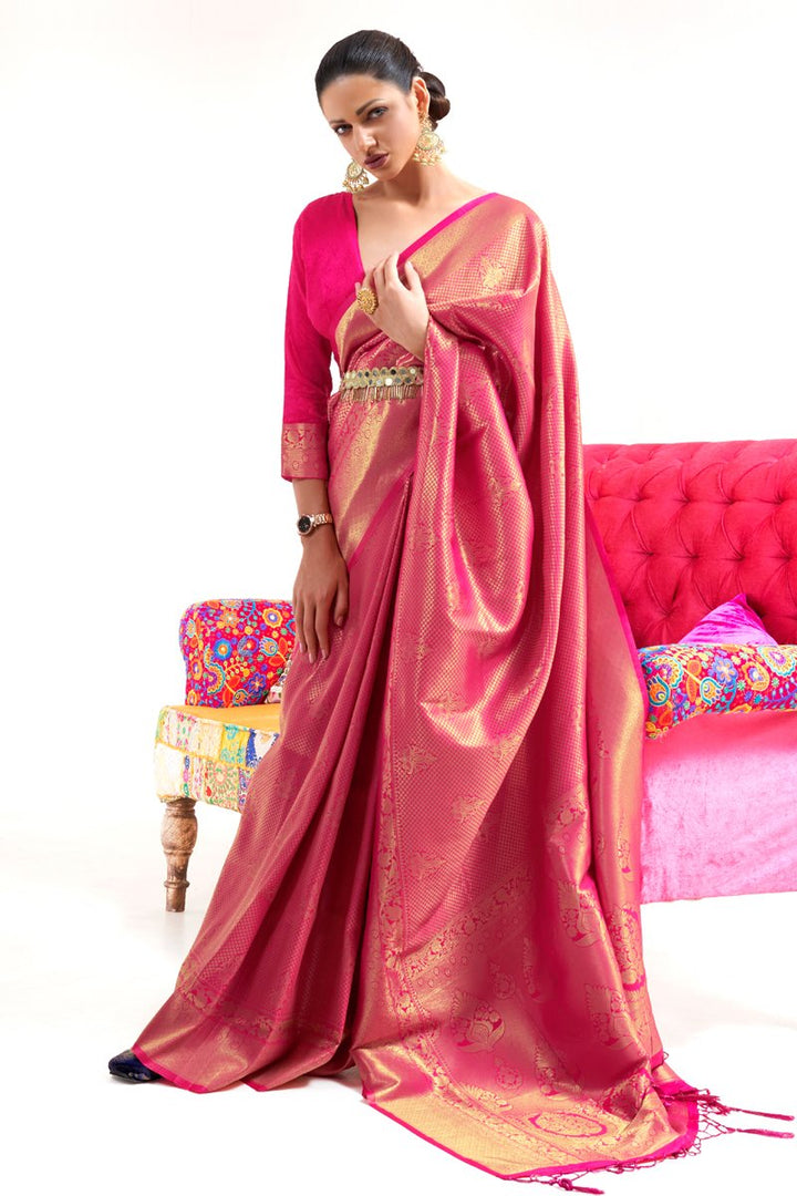 Designer Weaving Work Art Silk Fabric Pink Color Sangeet Wear Saree