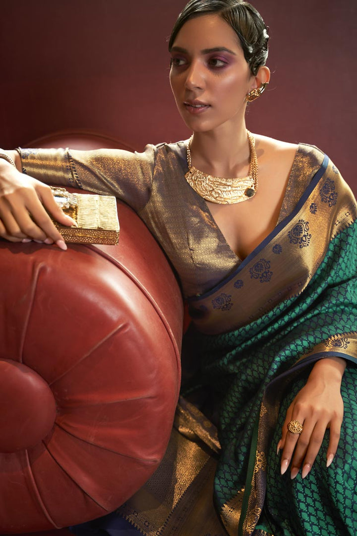 Art Silk Fabric Sparkling Green Color Weaving Work Saree