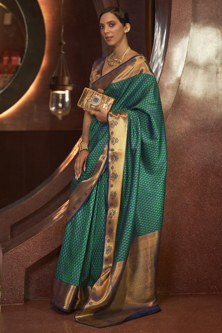 Art Silk Fabric Sparkling Green Color Weaving Work Saree