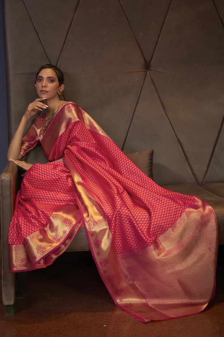 Attractive Art Silk Fabric Pink Color Weaving Work Saree