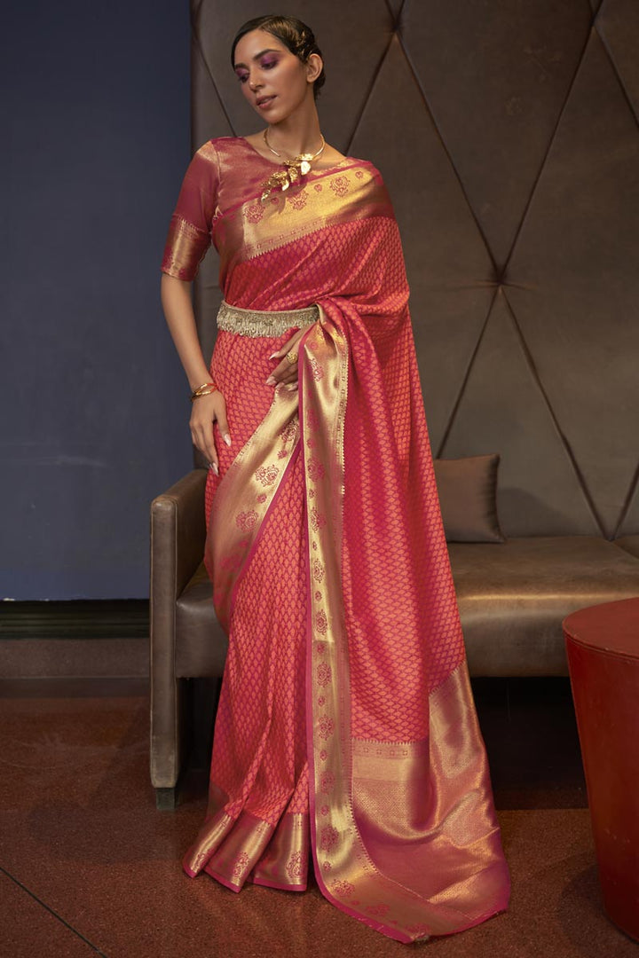 Attractive Art Silk Fabric Pink Color Weaving Work Saree