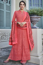 Load image into Gallery viewer, Designer Festive Wear Peach Readymade Embroidered Palazzo Suit In Georgette