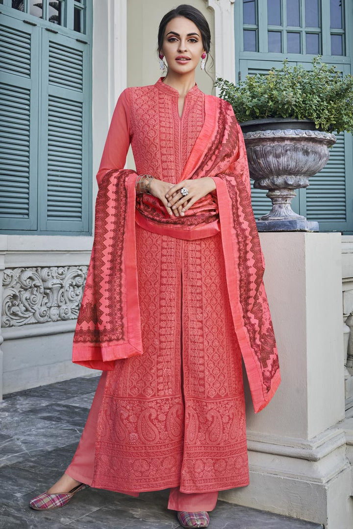 Designer Festive Wear Peach Readymade Embroidered Palazzo Suit In Georgette