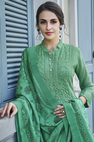 Designer Festive Wear Readymade Embroidered Palazzo Suit In Green Georgette