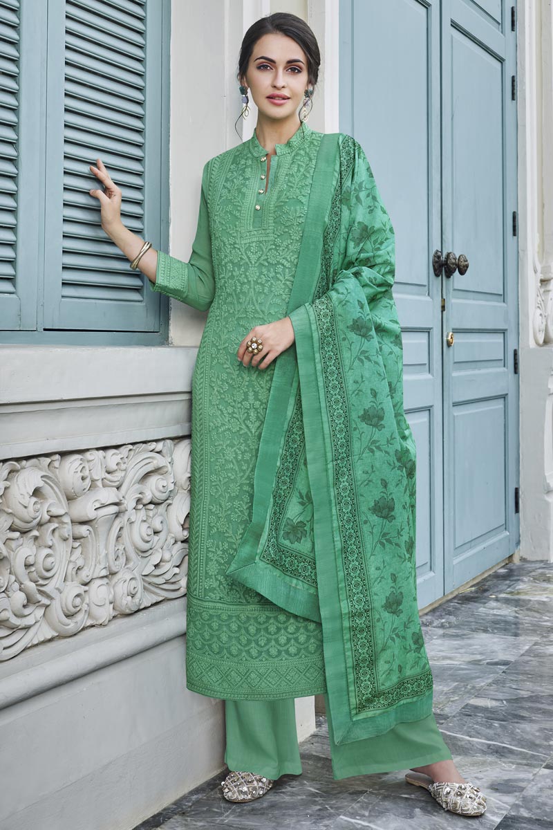 Designer Festive Wear Readymade Embroidered Palazzo Suit In Green Georgette