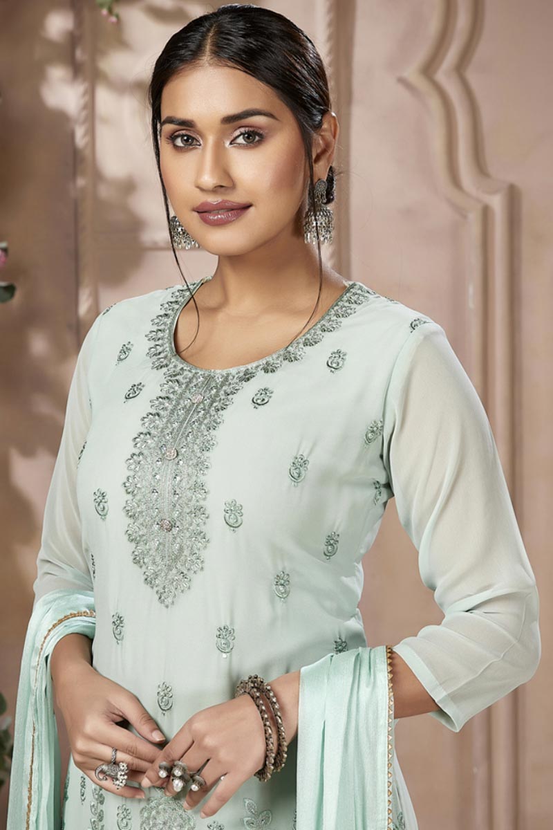Sea Green Color Georgette Fabric Attractive Festive Look Salwar Suit